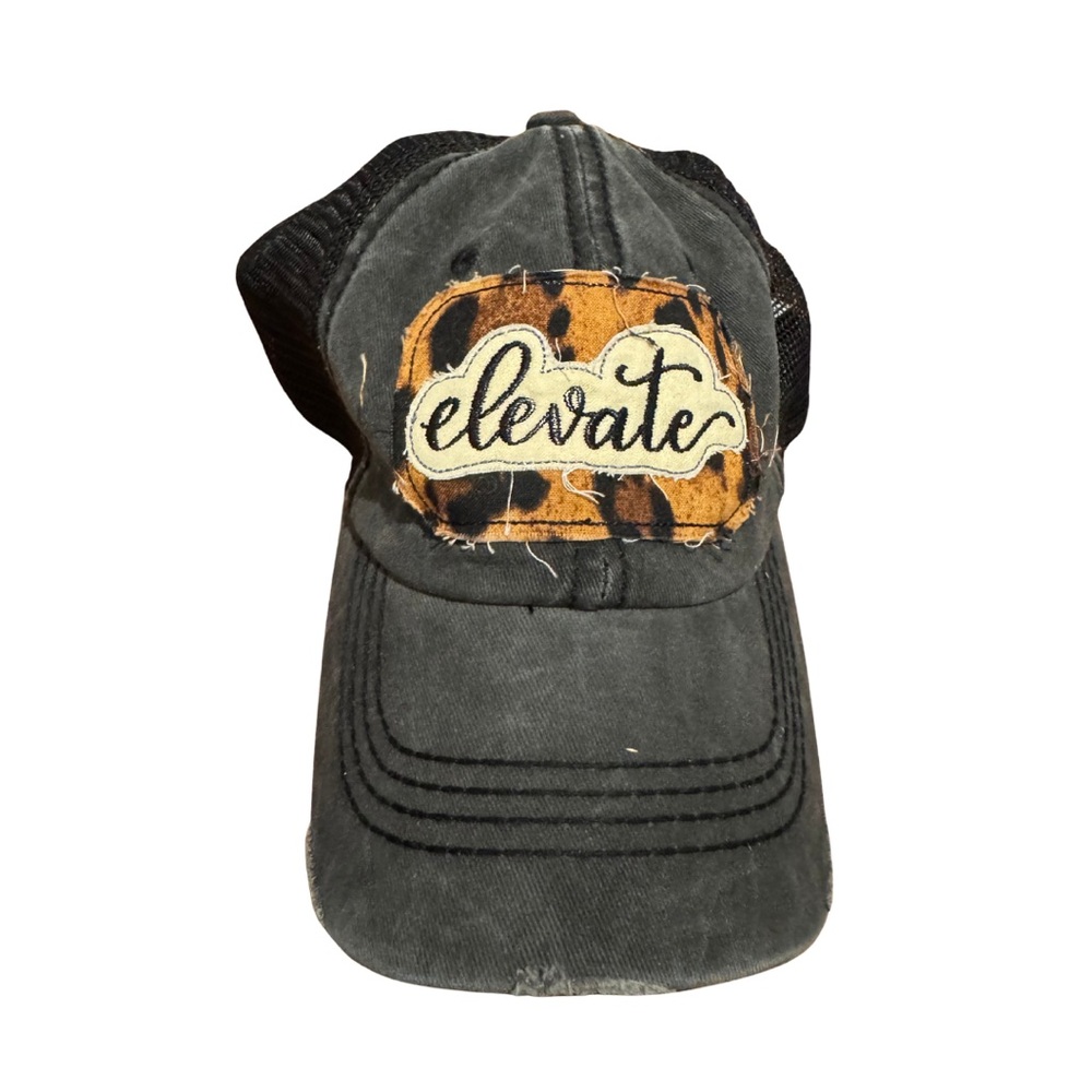 “Elevate” Trucker Hat | Black & Leopard Patch | Ponytail Opening | OS